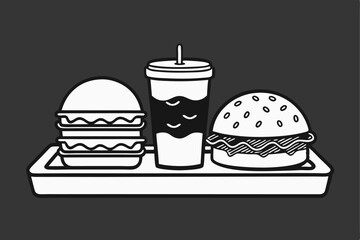 Intricate Black-and-White Line Art of a Classic Fast Food Tray