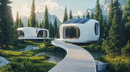 Modern futuristic white house with solar panels and a wooden walkway in a green forest.