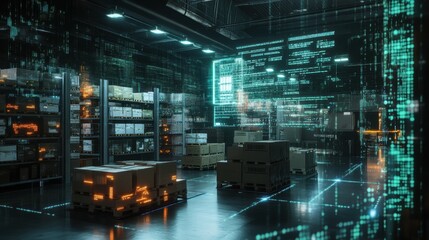 Modern holographic warehouse with organized boxes and pallets on shelves, surrounded by futuristic digital data visualization of global logistics.