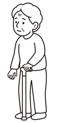 左手で杖をついている左利きのおばあさんのモノクロ線画ベクターイラスト(A monochrome line vector illustration of a left-handed elderly woman holding a cane in her left hand)