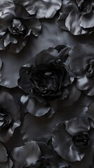 A textured arrangement of black satin flowers creating an elegant and dramatic visual effect.