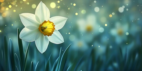 Single daffodil in a field of flowers, bokeh background, use for spring themes & nature
