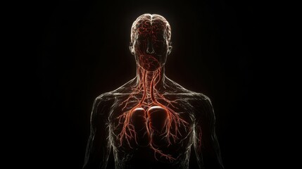 The human circulatory system with blood vessels, veins, and a beating heart displayed in a transparent view. (However, you can include other systems such as the nervous system and respiratory