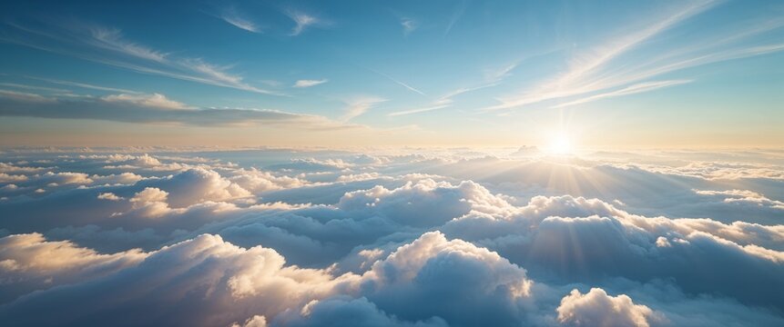 Soft radiant clouds rolling over an eternal horizon wide angle panoramic view horizontal symmetric background