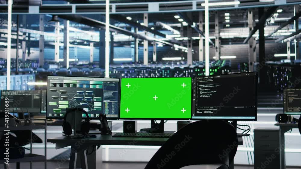 Poster chroma key computer displays in data center workplace used for managing supercomputers hardware ener