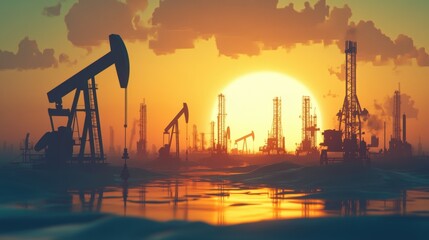 The Saudi price war has led to a drop in oil market prices. Oil pumps and drilling derricks silhouetted at sunset highlight the crude oil industry and petroleum production, depicted in a 3D