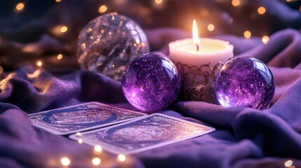 Mystical purple crystal spheres with tarot and candle on soft fabric background