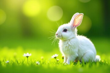 Obraz premium A fluffy white bunny rabbit sits in a vibrant green field, surrounded by delicate white wildflowers, basking in the warm sunlight of a spring day.