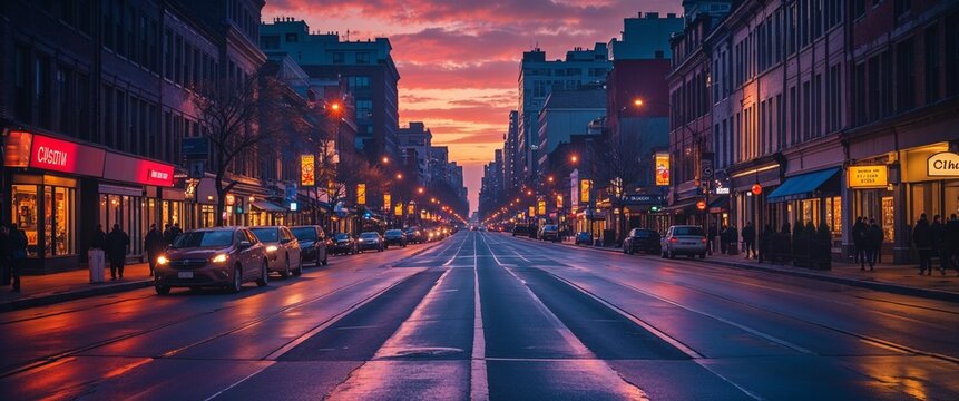 Vibrant city street at dusk wide angle panoramic view horizontal symmetric background