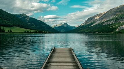 Lake view with mountains and dock for travel and nature photography background in scenic landscape shot