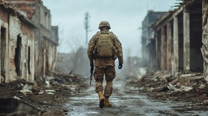 Lone soldier walking in destroyed city