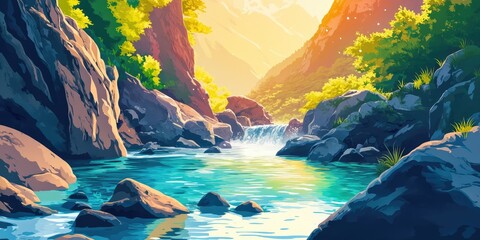 A river with a waterfall in the background