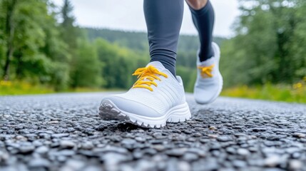 Close-up of runner's feet on paved trail.  Runner's focused steps on a paved pathway.  Athletic footwear