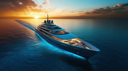 Luxurious yacht sailing in tranquil blue ocean under glowing sunlight