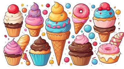 Colorful ice cream cones collection illustration