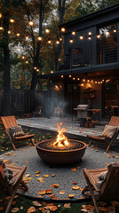 Modern outdoor living space with fire pit and string lights at twilight
