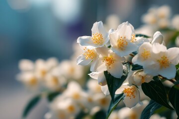 Blooming Jasmine Flowers with Delicate White Petals and Yellow Stamens