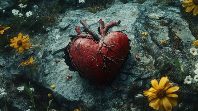 Un coraz&Atilde;&sup3;n roto yace destrozado sobre una piedra desgastada y erosionada, rodeado de flores silvestres marchitas