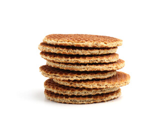 Stack of tasty round waffles isolated on white