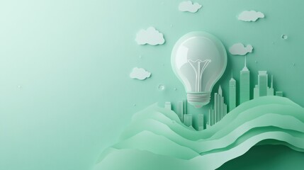 Paper cut of light bulb with green eco city , Renewable energy by 2050 Carbon neutral energy or greenhouse gas emission CO2 , Save energy creative idea concept