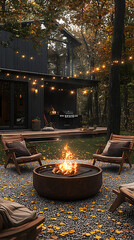 Modern outdoor living space with fire pit and string lights at twilight
