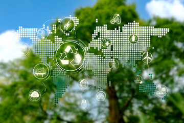 Environment concept. Scheme with different eco themed icons, world map against green tree
