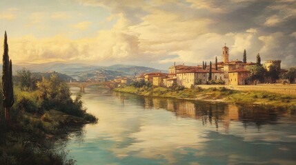 Obraz premium Tuscany in 1900. A peaceful river with city landmarks -
