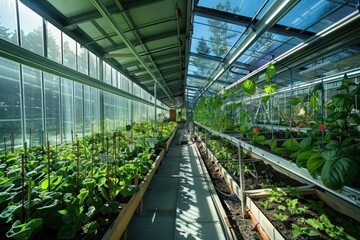 Greenhouses with Lush Plants and Sunlight
