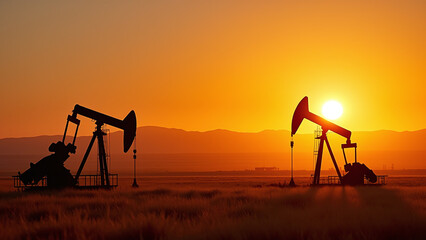 Naklejka premium Oil Pumps in Field at Sunset