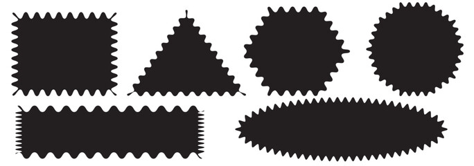 Zig zag Wavy Edge Rectangle, Oval, Circle Stickers Set. Vector Jagged Geometric Shapes. Abstract Elements for Frame, Stamp, Template, Promo Design, Web Design and Social Media.