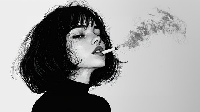 Ilustraci&oacute;n de mujer fumando mirando de reojo con espacio para texto