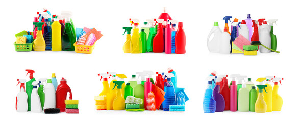Different cleaning products on white background, collage