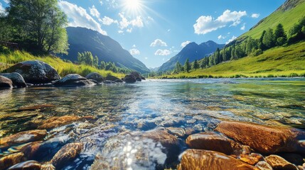 A river with a clear blue sky above it