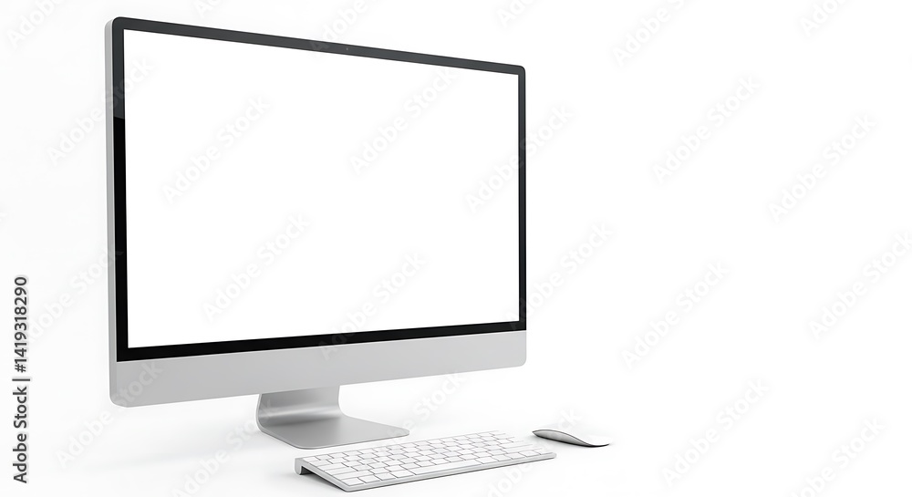 Aufkleber computer setup with blank screen keyboard and mouse on a white background in a studio setting