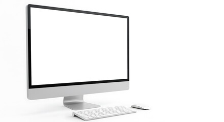 Fototapeta premium Computer setup with blank screen keyboard and mouse on a white background in a studio setting