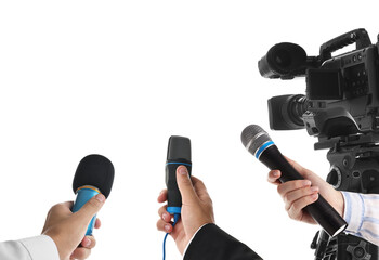 Journalists with microphones and video camera on white background, closeup