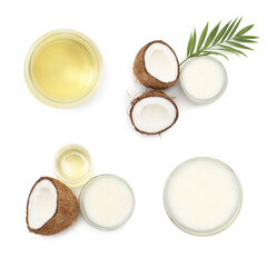 Cooking oil and coconuts isolated on white, set