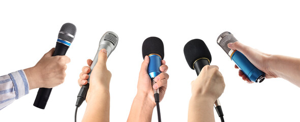 Journalists with microphones on white background, closeup