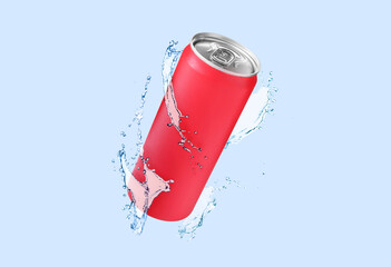 Tin can and splashes of water in air on light blue background