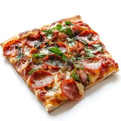 Square pizza slice with pepperoni, ham, and arugula