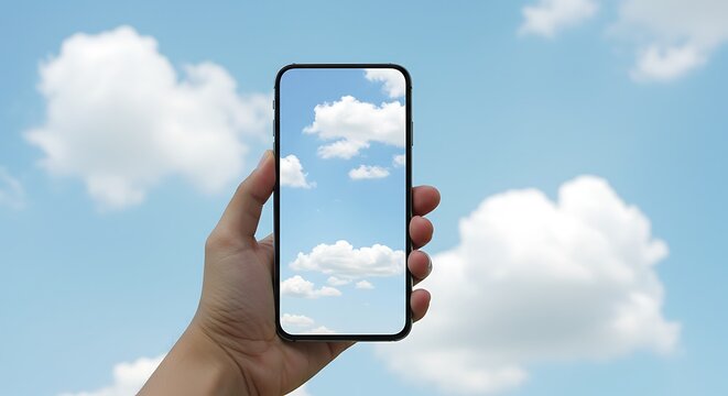 Hand holding phone displaying sky with clouds against a real sky background outdoors shot