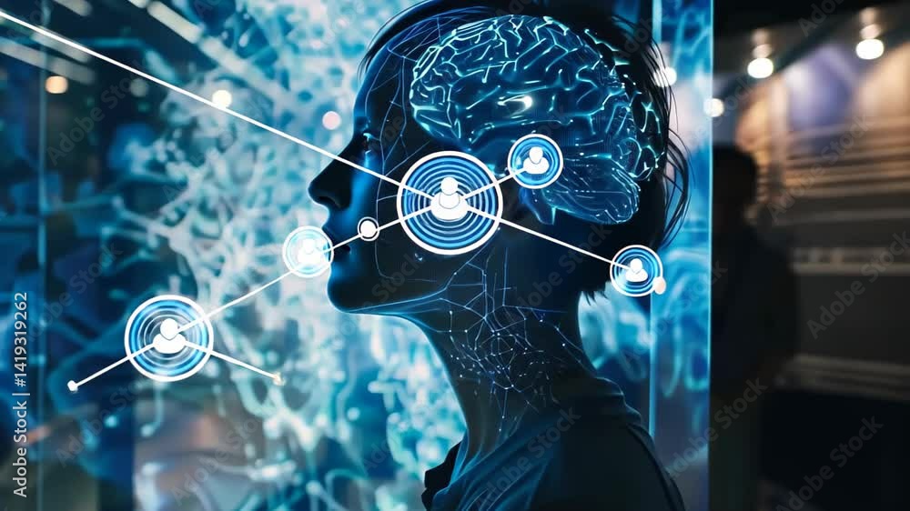Poster transformative journey through artificial intelligence and human cognition in a vibrant digital land