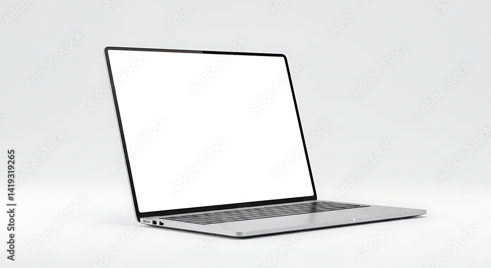 Poster isolated laptop with blank white screen displayed on a white background in studio setting