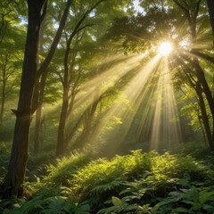 Obraz premium morning in the forest, sun rays in the forest, sun rays through the forest
