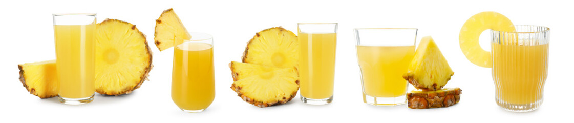 Delicious pineapple juice and fresh fruits on white background, collage