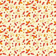 Autumn pattern with yellow and red leaves and bunches of rowan berries