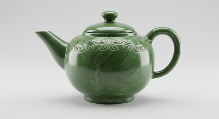 Green teapot with ornate design