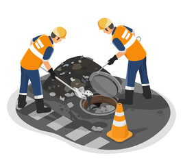 Obraz premium Two utility workers in safety gear performing sewer maintenance by clearing debris from an open manhole on a city street isometric
