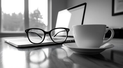 Monochromatic Workplace Serenity: Coffee, Glasses, and Laptops