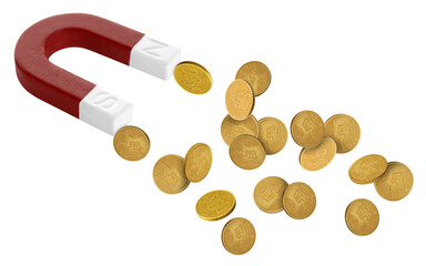 Horseshoe magnet attracting coins on white background